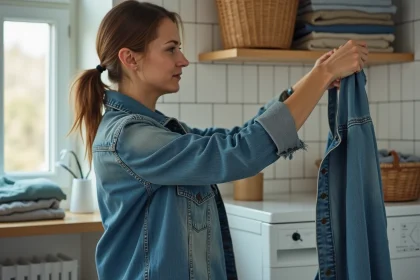 Femme inspectant l'usure d'un vieux blouson en jean, illustrant la durée de vie des vêtements