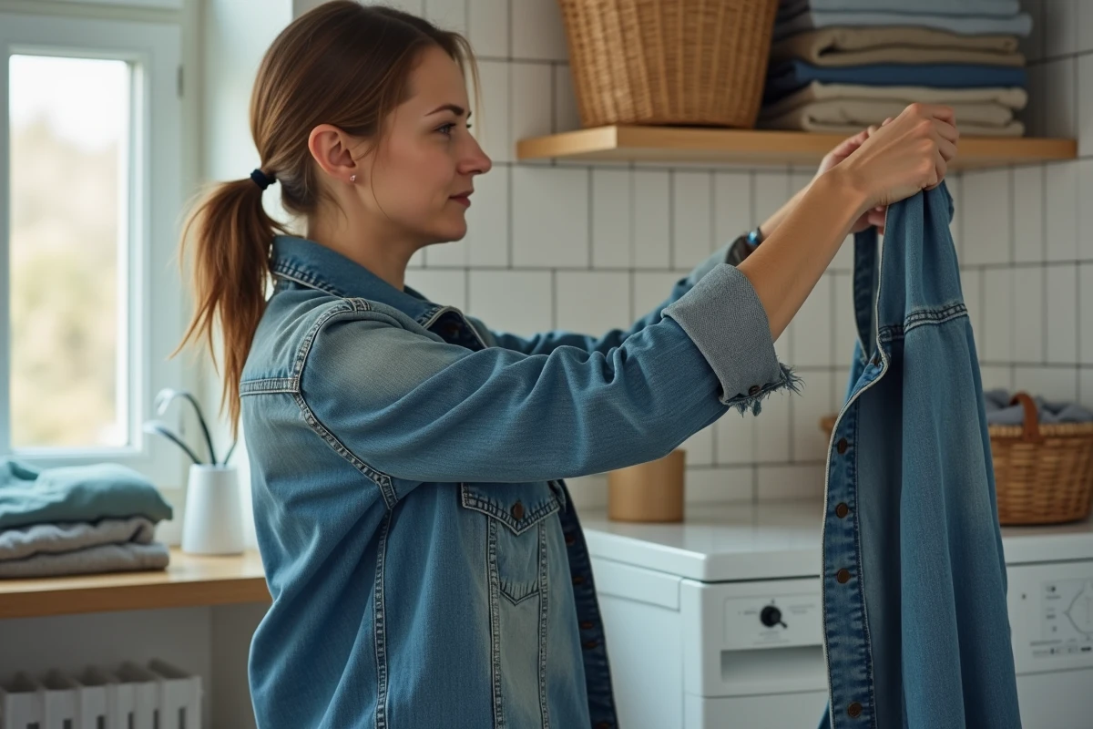 Femme inspectant l'usure d'un vieux blouson en jean, illustrant la durée de vie des vêtements