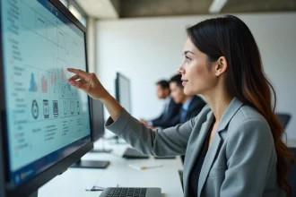 Femme interagissant avec une interface graphique tactile sur un écran moderne dans un bureau contemporain