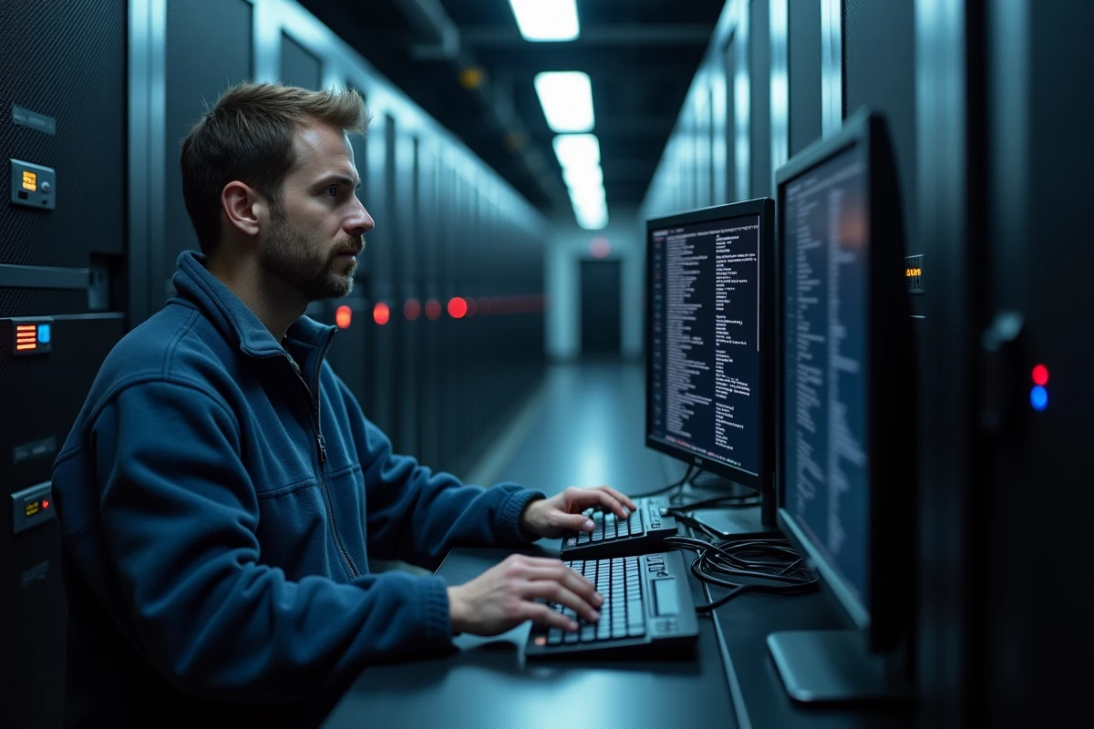 Technicien utilisant une interface en ligne de commande sur un terminal dans une salle de serveurs
