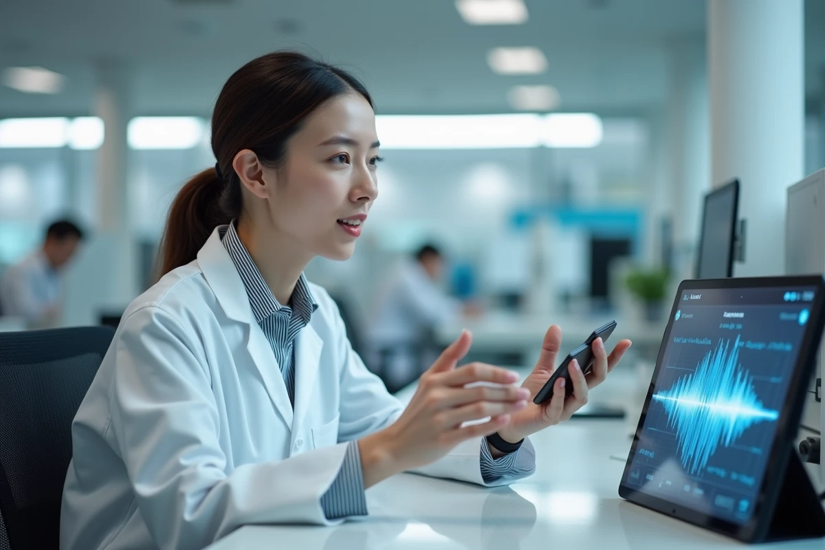 Chercheuse interagissant avec une interface vocale sur une tablette dans un laboratoire moderne
