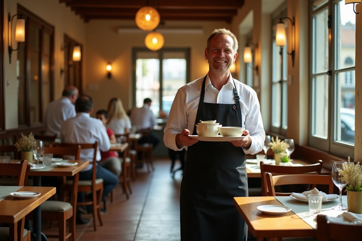 Intérieur d'un bistro français typique avec serveur en tablier noir portant un plateau dans une salle à manger chaleureuse