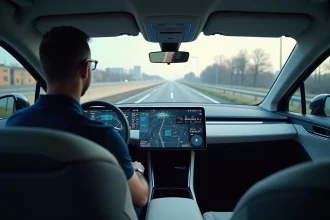 Ingénieur observant les systèmes de conduite autonome dans un véhicule équipé d'interfaces numériques avancées