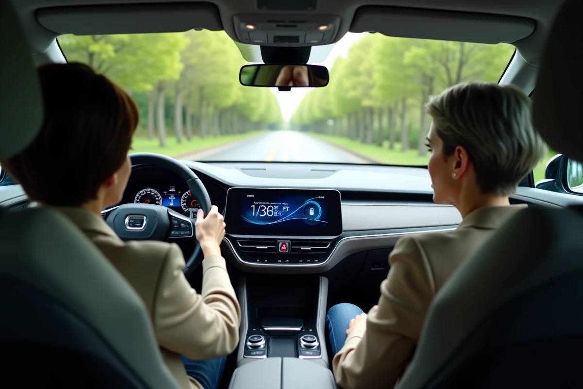 Femme au volant d'une voiture hybride avec tableau de bord numérique affichant la consommation et le flux d'énergie hybride, intérieur moderne 2026