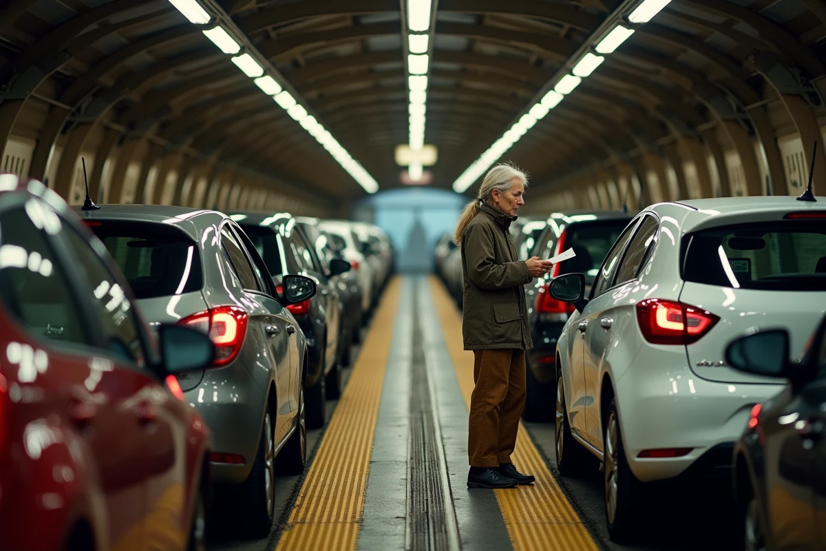 Intérieur d'un wagon porte-autos avec des véhicules chargés sur deux niveaux