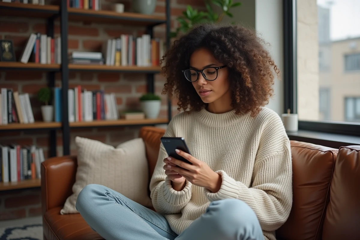 Jeune femme investisseur particulier comparant Dogecoin et Bitcoin sur son smartphone depuis son appartement