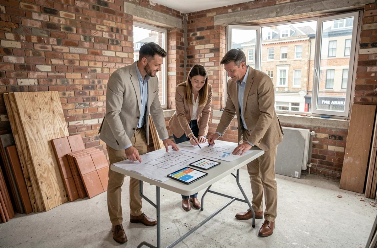 Investisseurs immobiliers consultant des plans dans un appartement en cours de rénovation dans un quartier populaire