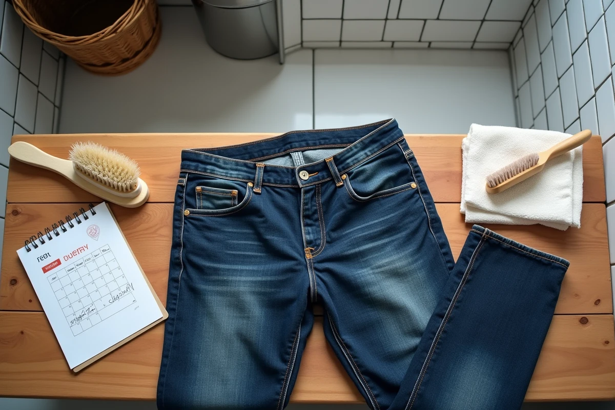 Jean en denim posé sur une étagère de buanderie avec un calendrier et une brosse à vêtements