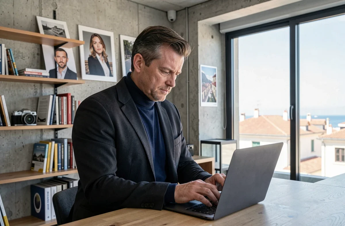 Photographe professionnel masculin révisant des images sur un ordinateur dans un studio contemporain à Nice avec vue sur la mer