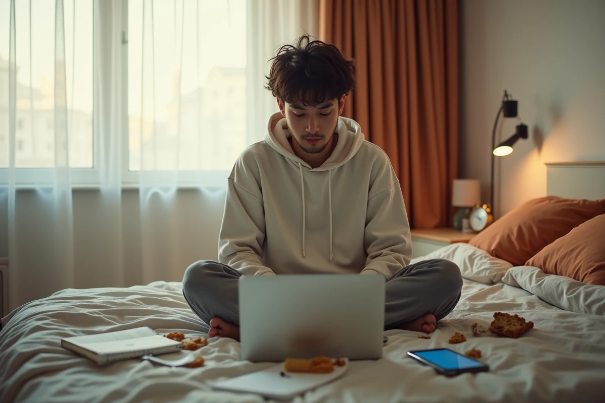 Jeune adulte assis sur son lit entouré d'écrans et de cahiers éparpillés, illustrant la procrastination et la difficulté à s'organiser