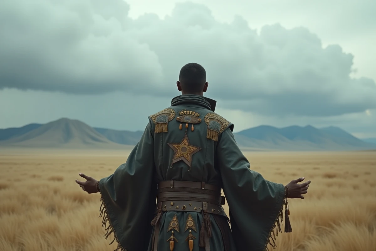 Jeune chaman masculin en manteau de cuir orné de totems debout sur une steppe ouverte sous un ciel nuageux, bras levés en invocation, symbolisant la connexion chamanique avec les esprits et la nature.