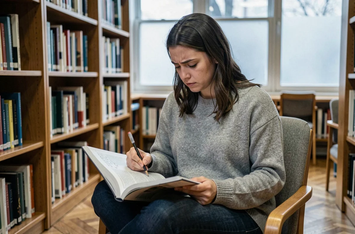 Jeune femme annotant un livre de grammaire française dans une bibliothèque