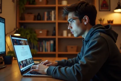 Jeune homme consultant un site fan sur son ordinateur portable dans un bureau à domicile