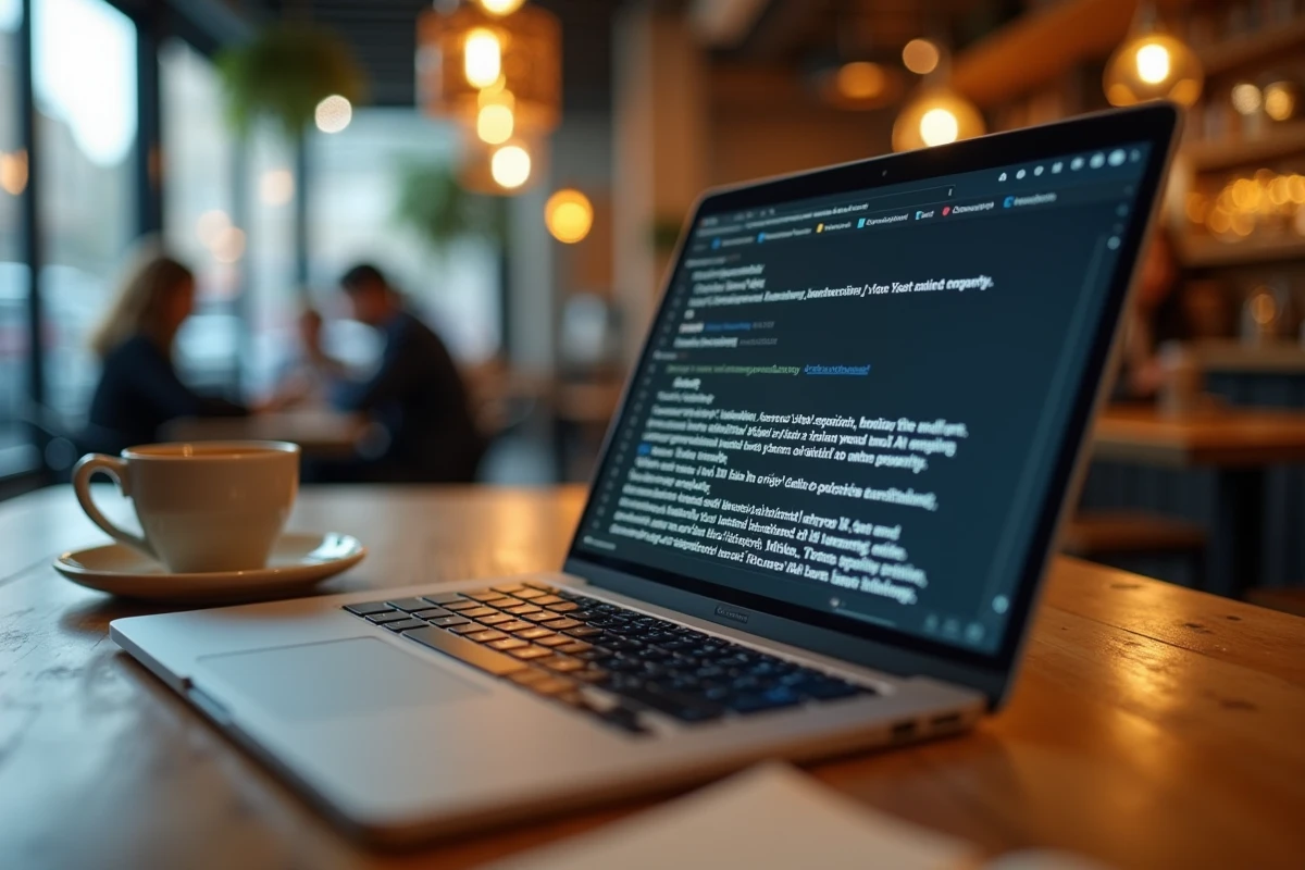Gros plan d'un laptop affichant un dépôt GitHub et un article sur les données d'entraînement de l'IA posé sur une table de café, symbolisant le débat sur l'utilisation du code open source par ChatGPT