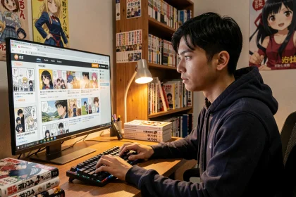 Jeune homme lisant des scans de manga en ligne sur un grand écran d'ordinateur dans une chambre décorée d'affiches anime