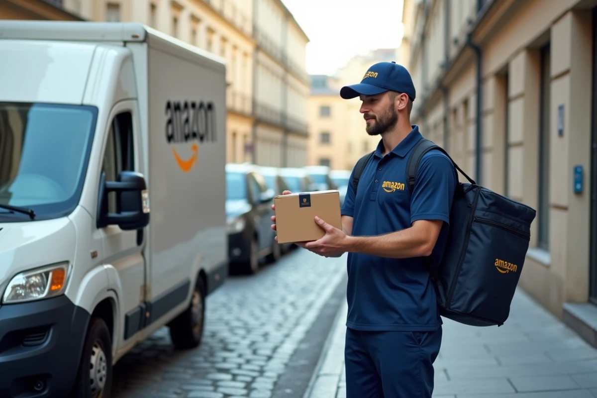 Livreur Amazon en uniforme remettant un colis devant un van de livraison dans une rue urbaine