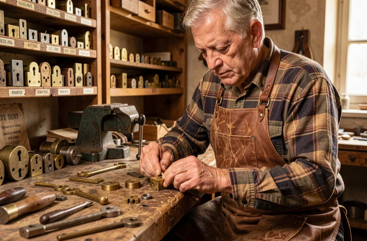 Artisan serrurier Loiseau Bernard travaillant sur une serrure ancienne dans un atelier traditionnel français