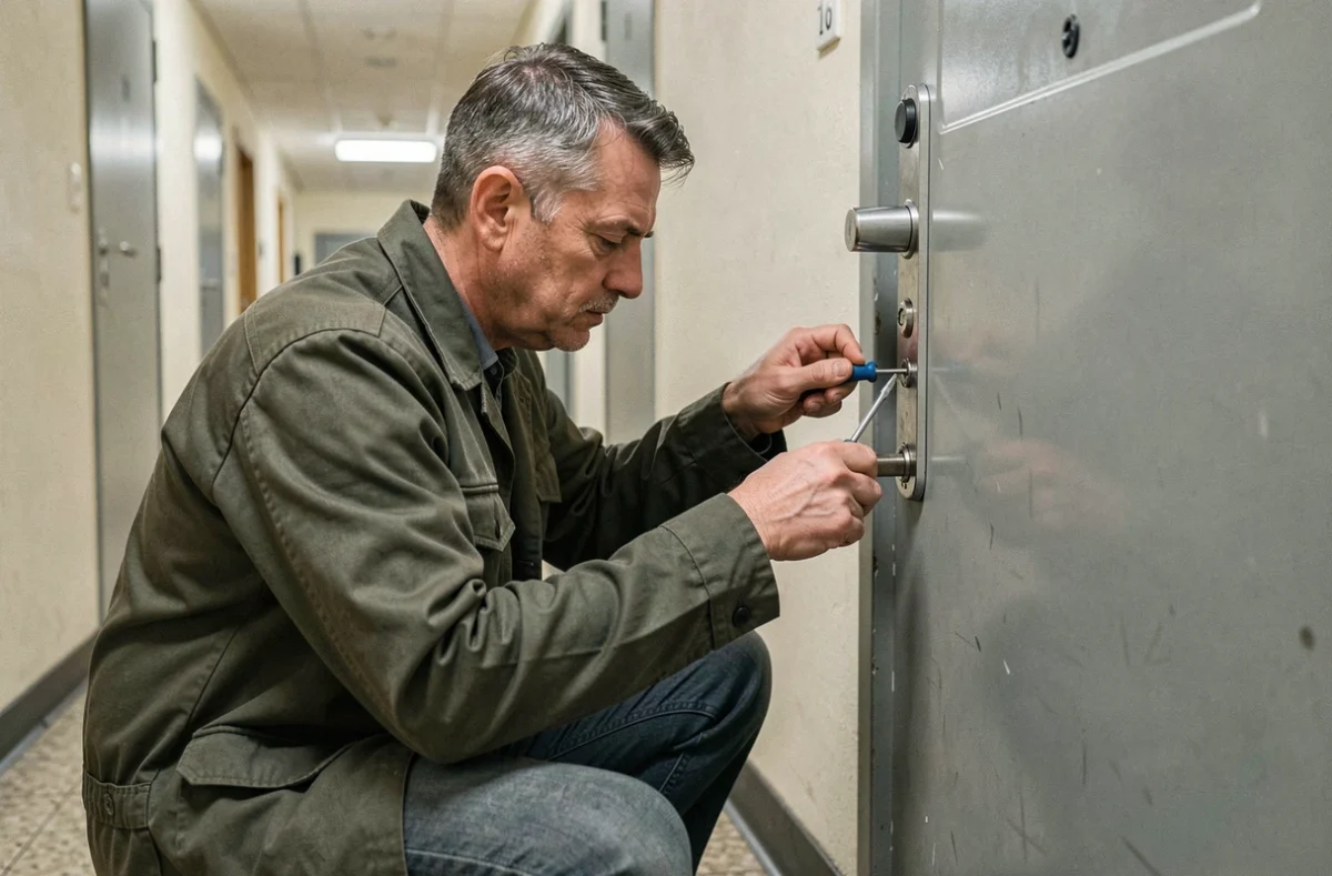 Serrurier L.T.P.M. installant un cylindre de serrure multipoints dans un couloir d'immeuble résidentiel français