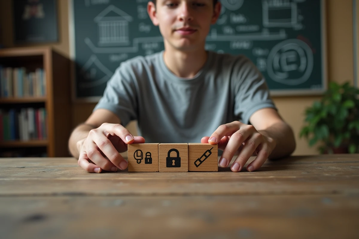 Mains assemblant des blocs en bois symbolisant la structure et la fiabilité d'une blockchain dans un studio de recherche