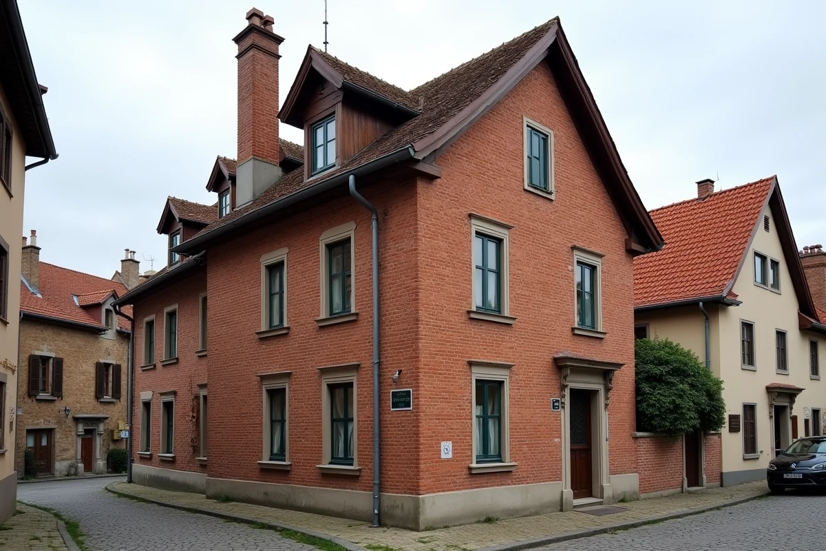 Maison traditionnelle en L à deux étages avec toit à pignon et façade en brique rouge dans une rue de village européen