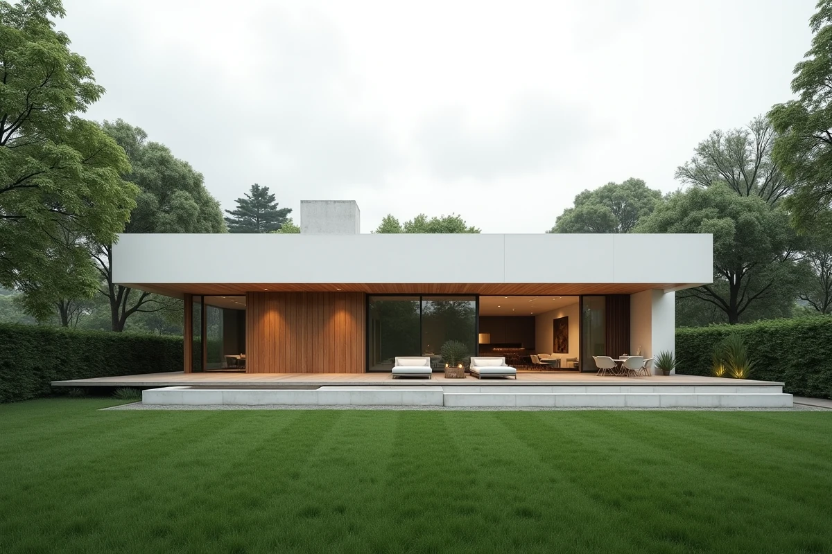 Maison rectangulaire moderne à toit plat avec grandes baies vitrées et revêtement en bois, vue en grand angle depuis le jardin