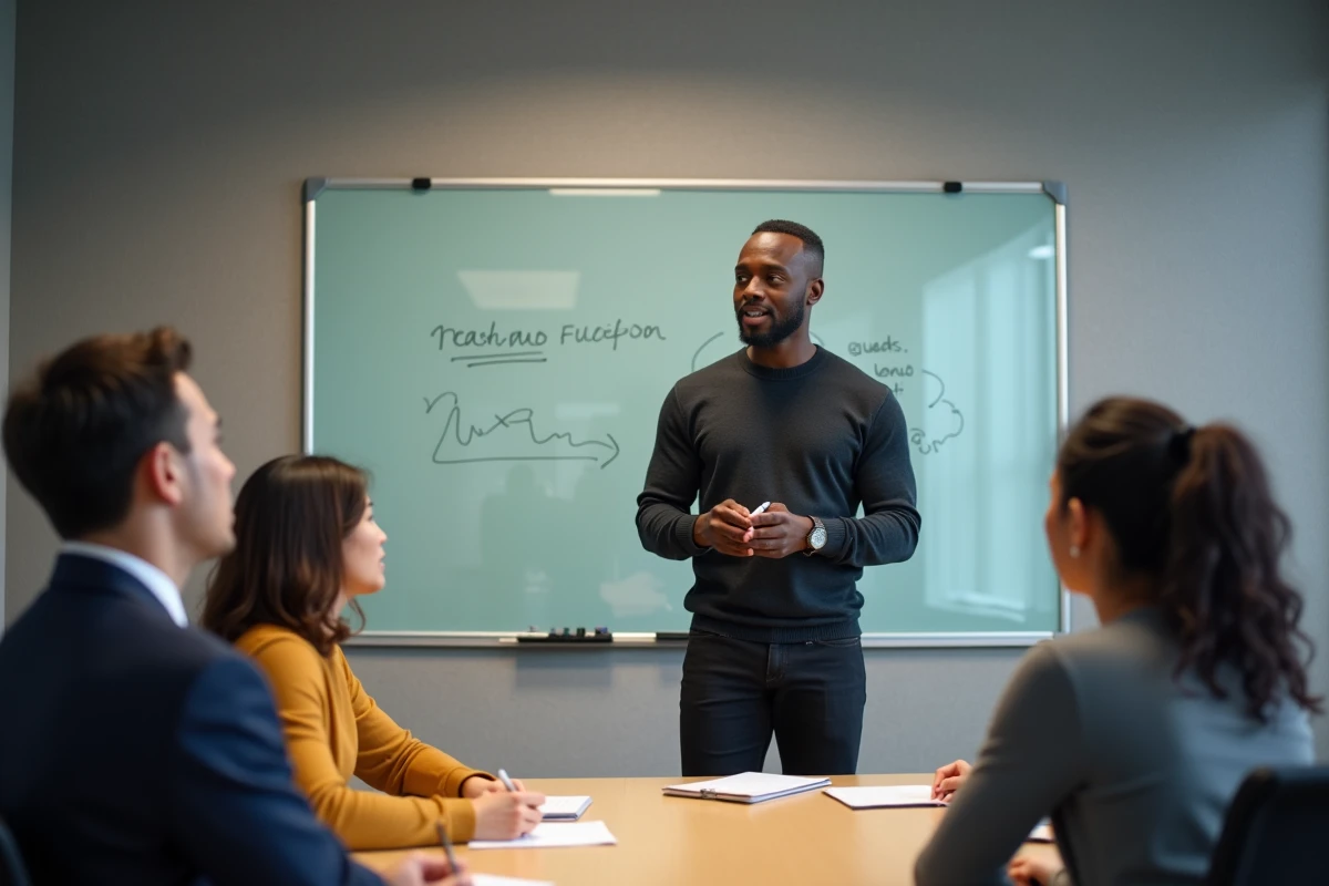 Manager inclusif animant une réunion avec une équipe multiculturelle et diverse dans une salle de conférence