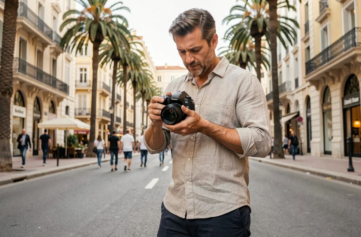 Photographe multisectoriel masculin réglant son appareil devant une avenue animée de Nice avec des façades haussmanniennes