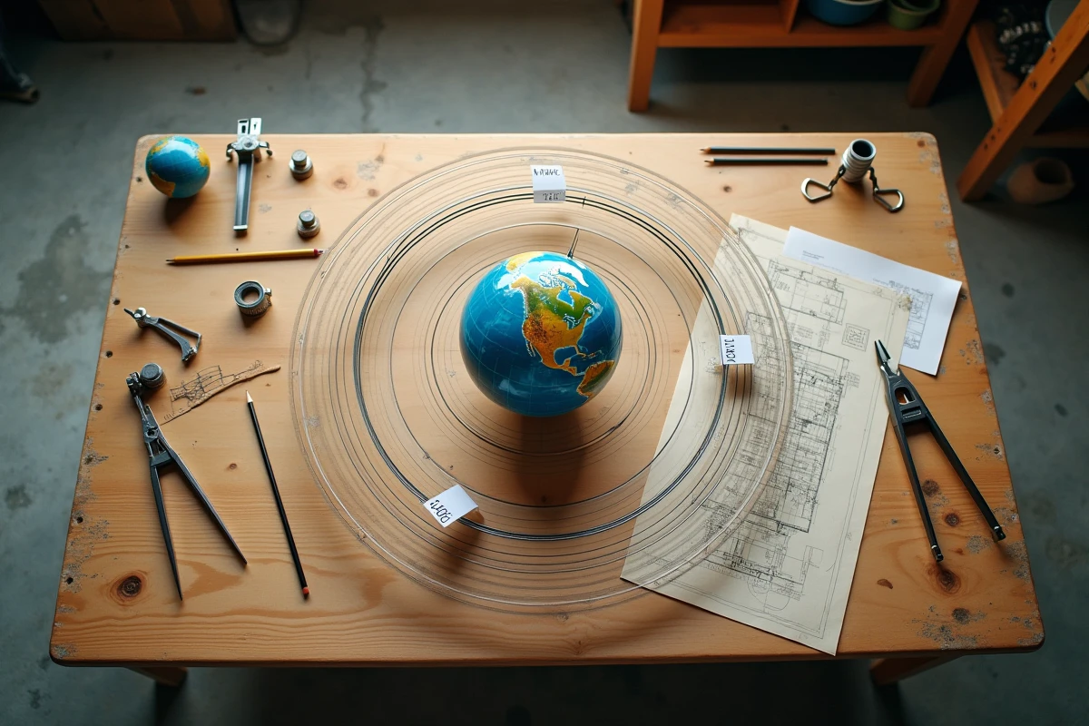Maquette physique des trois types d'orbites terrestres avec anneaux concentriques sur une table d'atelier d'ingénierie