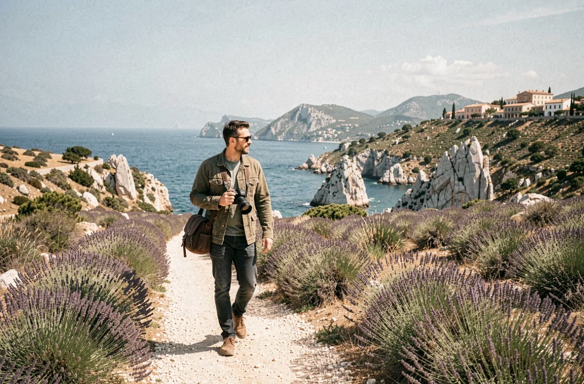 Photographe polyvalent marchant sur un sentier côtier des Alpes-Maritimes avec un village perché en arrière-plan dans un paysage provençal