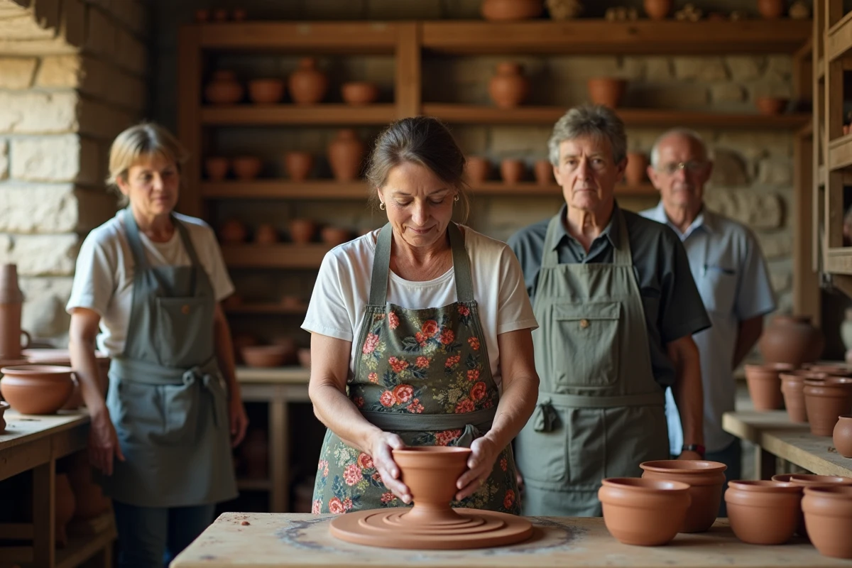Atelier de poterie lors d'un marché artisanal dans une salle communautaire en pierre de village avec démonstration au tour