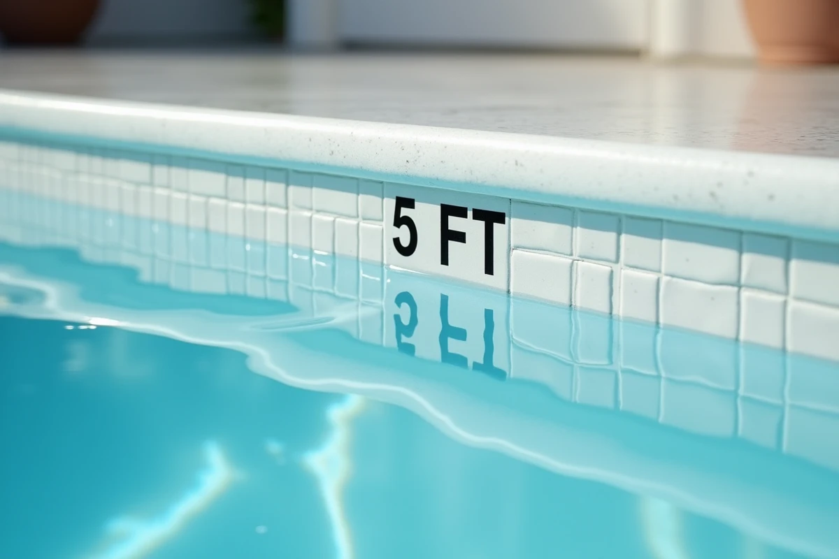 Gros plan sur le marqueur de profondeur en carrelage mosaïque d'une piscine californienne indiquant 5 pieds à la ligne d'eau