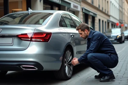 Mécanicien inspectant le pot d'échappement d'un diesel Euro 6 garé dans une rue urbaine européenne