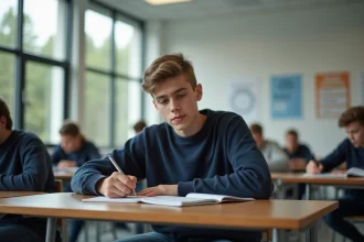 Élève adolescent concentré dans une salle de classe moderne de style scandinave, illustrant l'excellence du système éducatif finlandais