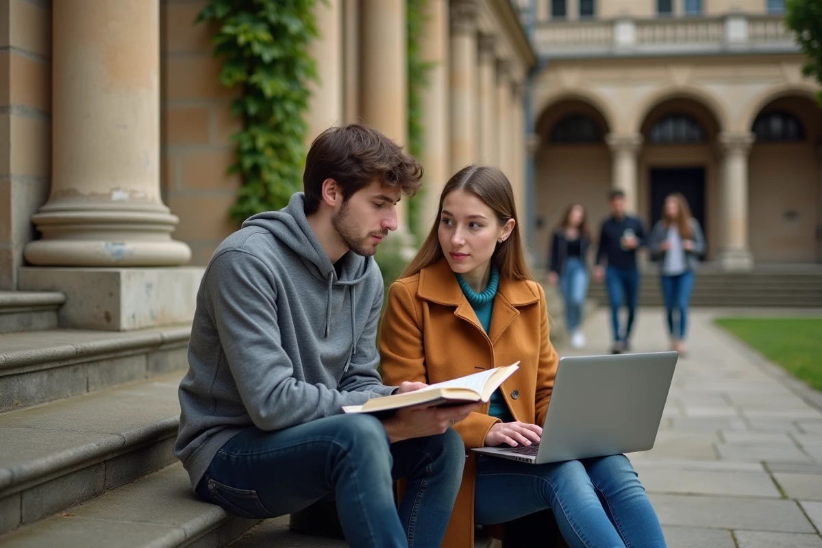 Deux étudiants universitaires qui révisent ensemble sur les marches d'une prestigieuse université européenne, représentant la qualité de l'enseignement supérieur mondial