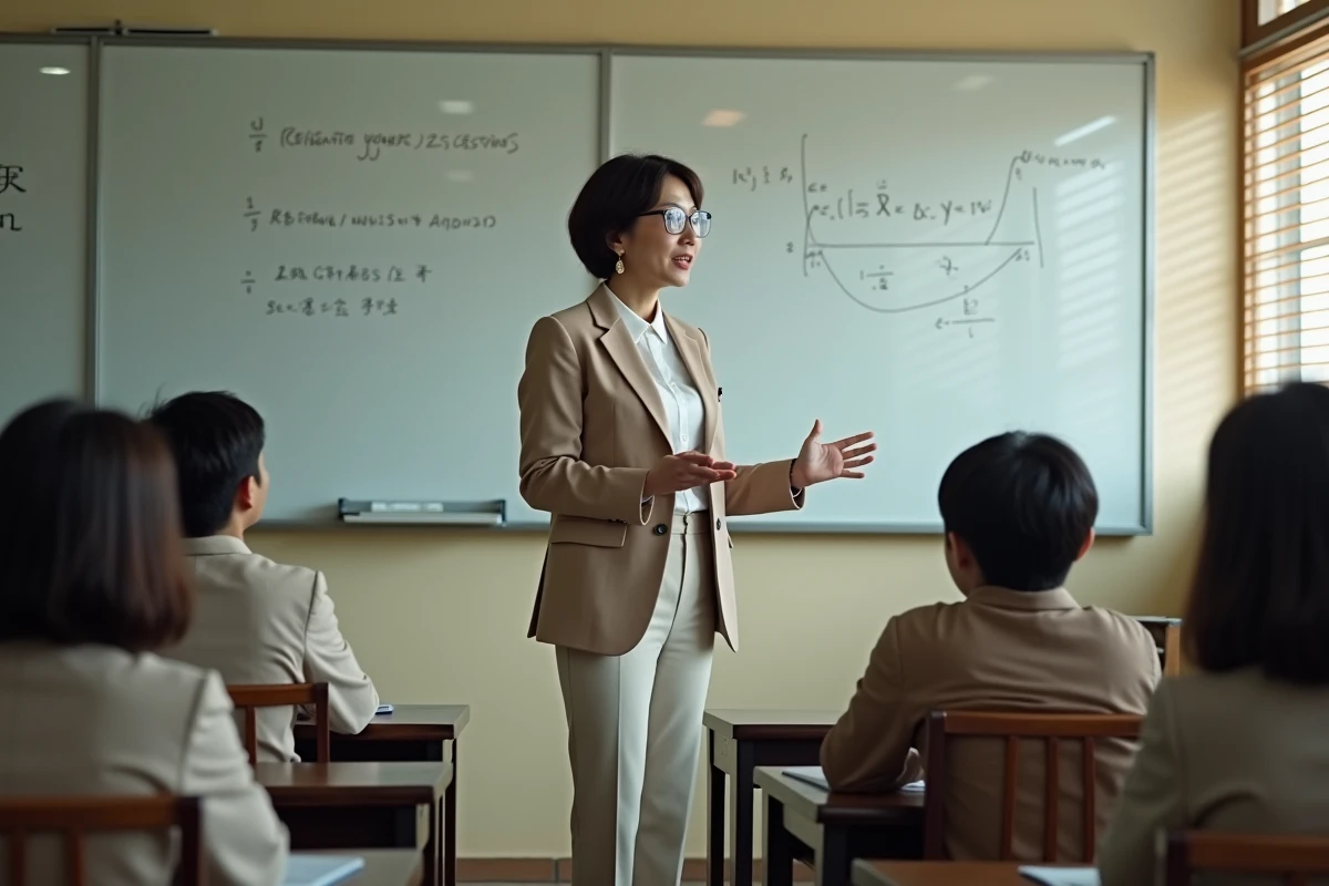 Enseignante japonaise passionnée expliquant des équations mathématiques à ses élèves dans une salle de classe organisée, symbole d'un système éducatif performant