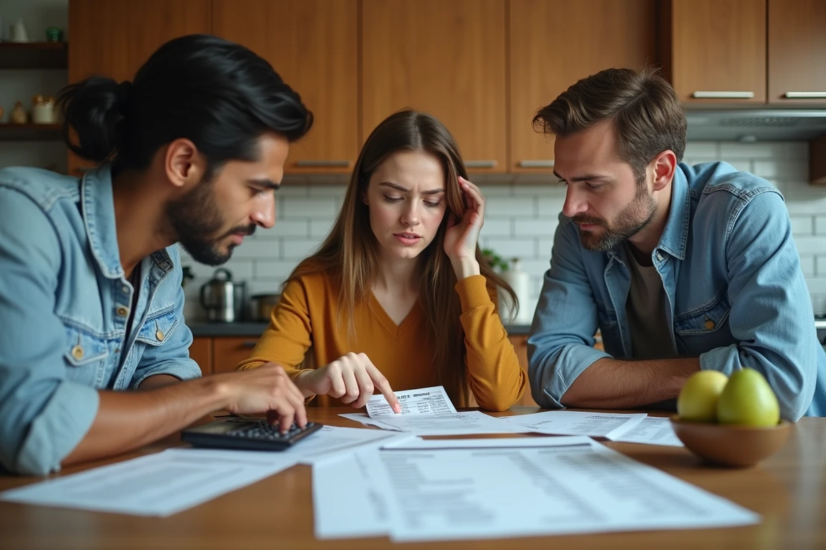 Famille ou groupe de personnes examinant des factures et un budget serré autour d'une table de cuisine, représentant l'impact de l'inflation sur les ménages ordinaires