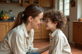 Mère bienveillante à genoux au niveau de son enfant dans une cuisine chaleureuse, illustrant l'écoute active et la parentalité positive