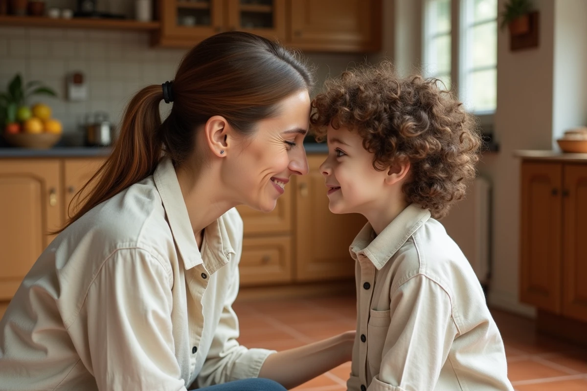Mère bienveillante à genoux au niveau de son enfant dans une cuisine chaleureuse, illustrant l'écoute active et la parentalité positive