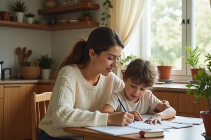 Mère célibataire aidant son enfant à faire ses devoirs à la table de cuisine, moment de complicité et de motivation quotidienne