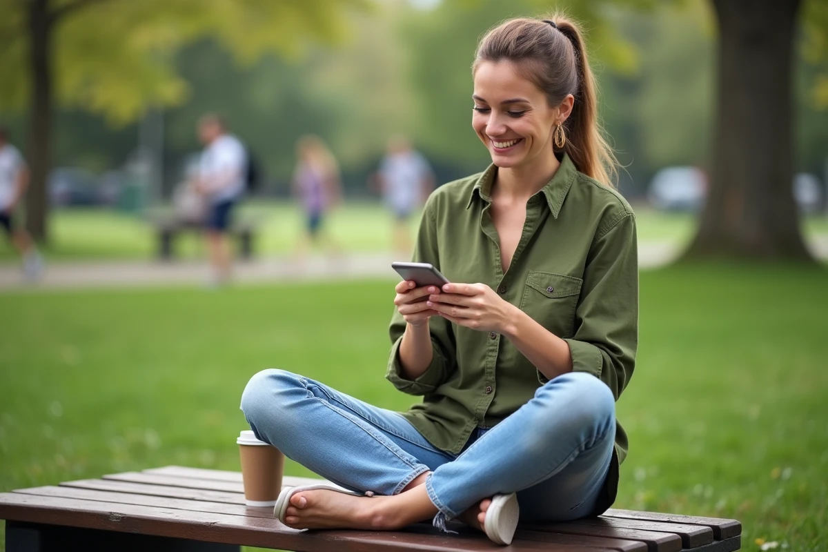 Mère célibataire souriante dans un parc en matinée, profitant d'un moment de calme et de ressourcement personnel