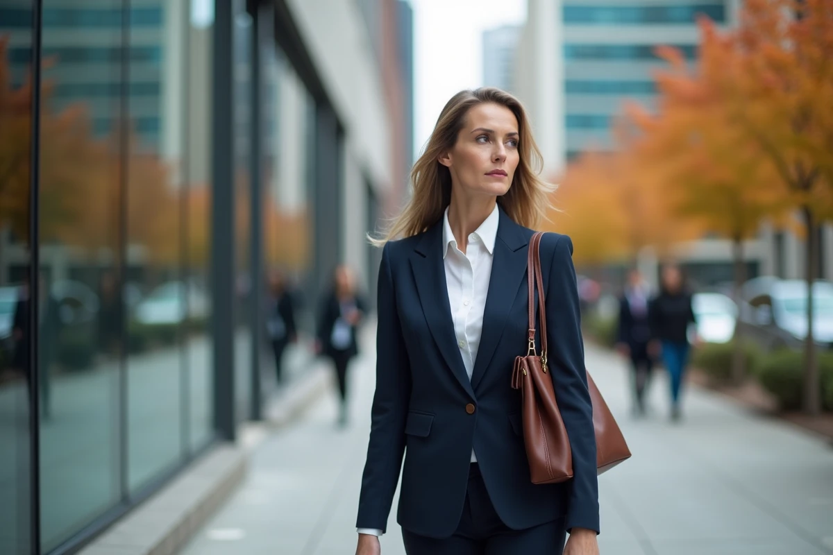Mère célibataire active et déterminée devant un immeuble de bureaux en milieu urbain, symbolisant ambition et indépendance professionnelle