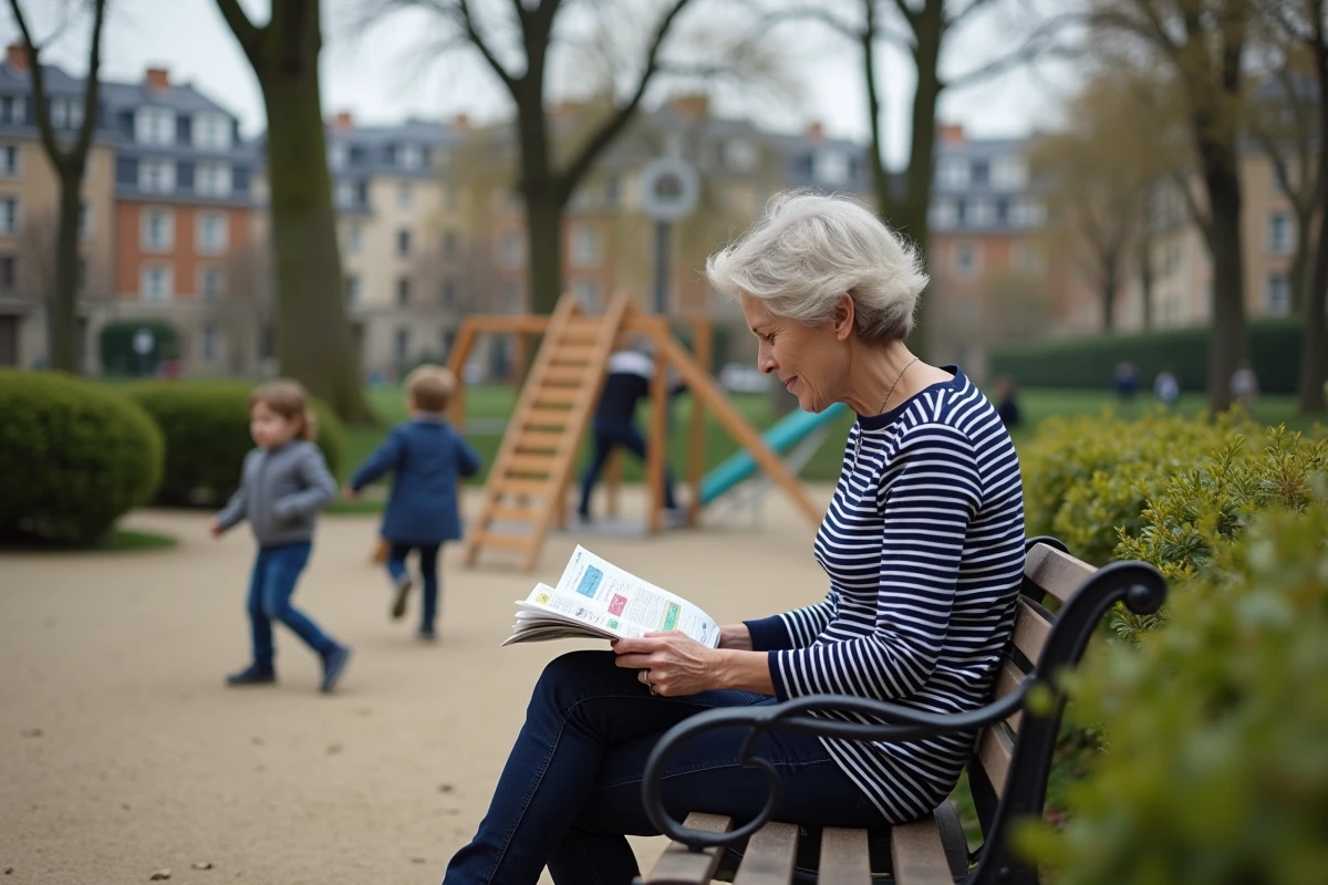 Mère consultant un guide de ville dans un parc urbain français avec ses enfants