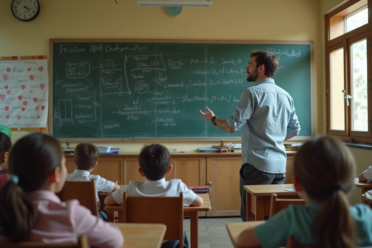 Enseignant passionné devant un tableau noir face à ses élèves, symbole d'un métier noble et vocation éducative