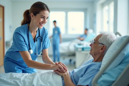 Infirmière tenant la main d'un patient âgé à l'hôpital, illustrant la noblesse du métier de soignant
