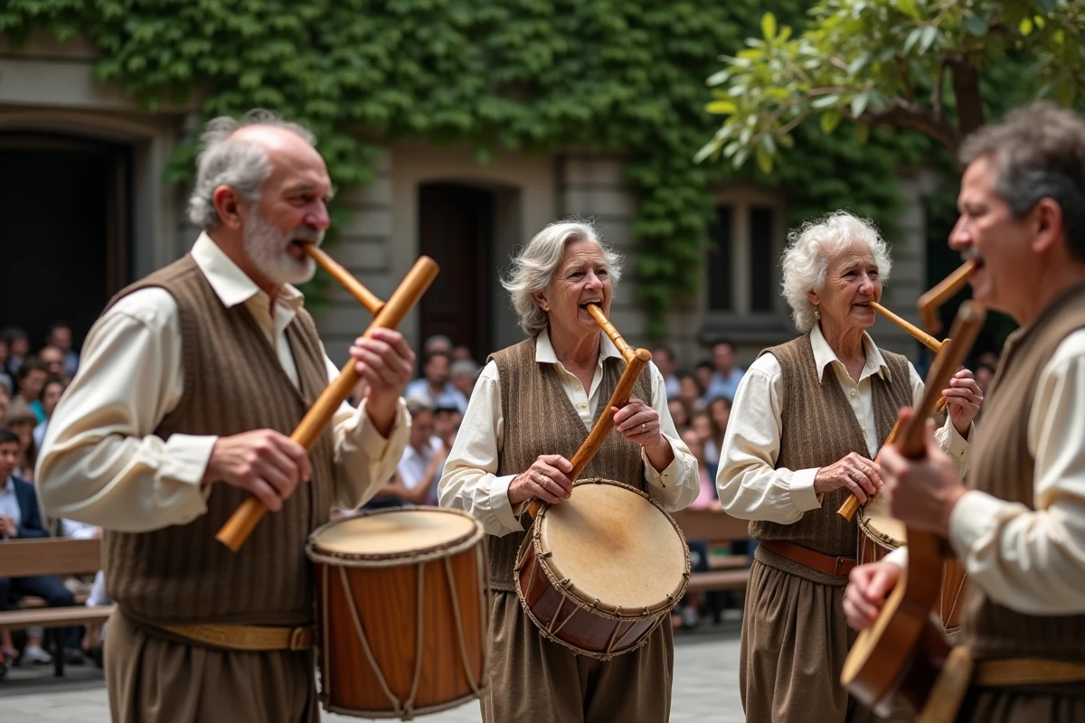 Musiciens de tous âges jouant de la musique folklorique traditionnelle en plein air lors d'une fête culturelle locale