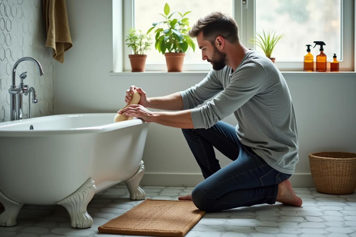 Homme nettoyant une baignoire avec du bicarbonate de soude et une brosse naturelle, entretien écologique de la salle de bain
