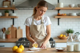 Femme nettoyant un plan de travail de cuisine avec du citron et du sel, méthode de nettoyage naturelle sans produits chimiques
