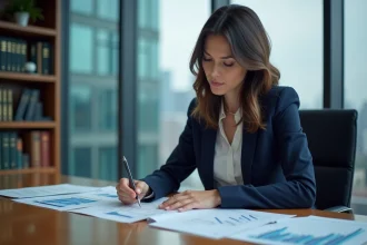 Économiste analysant des graphiques de politique monétaire dans un bureau de banque centrale moderne