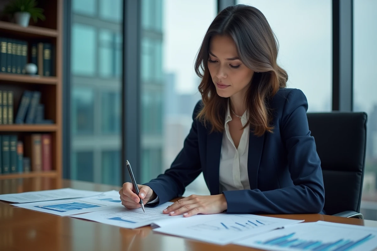 Économiste analysant des graphiques de politique monétaire dans un bureau de banque centrale moderne