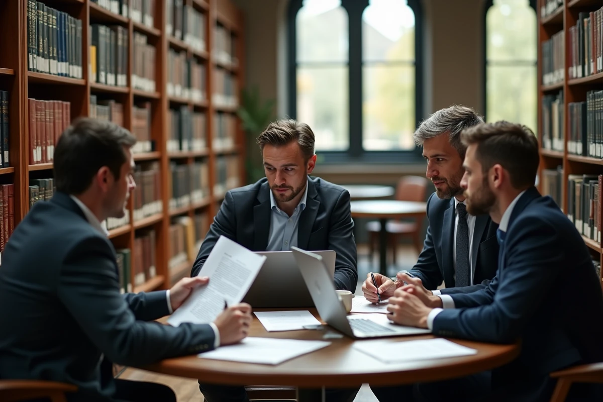 Groupe d'économistes en bibliothèque universitaire analysant des rapports sur les objectifs de politique monétaire